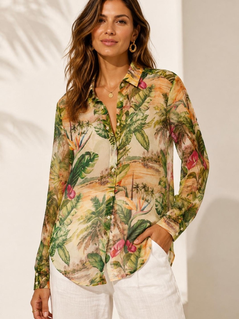 Lucky & Coco Sheer Tropical Button-Down Shirt in Multi Green